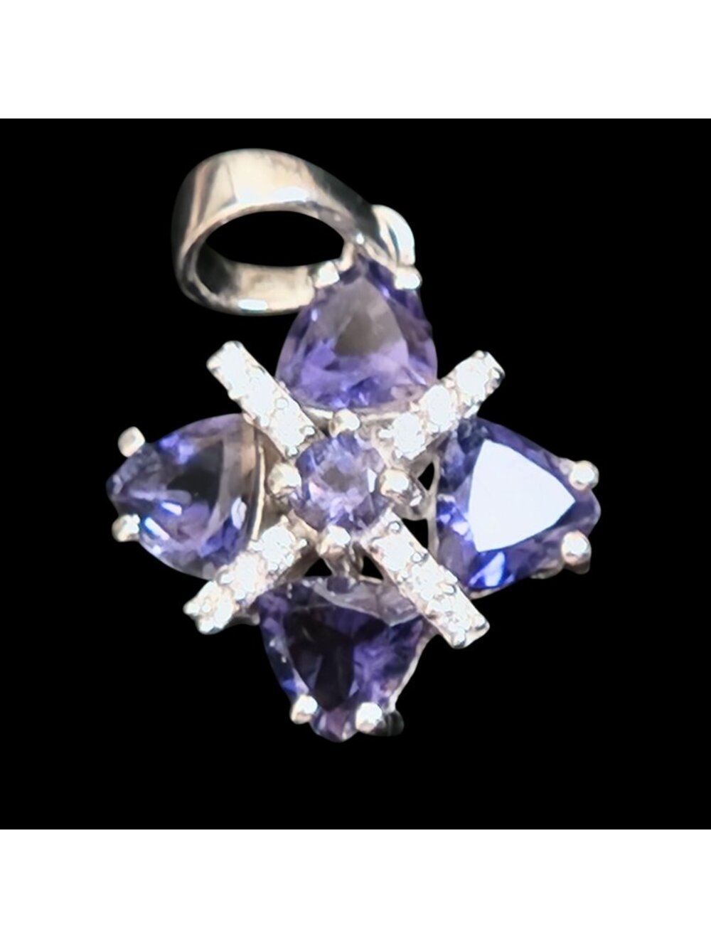 Lolite & Sterling Silver Rhodium Pendant With White Zircon Accents 925